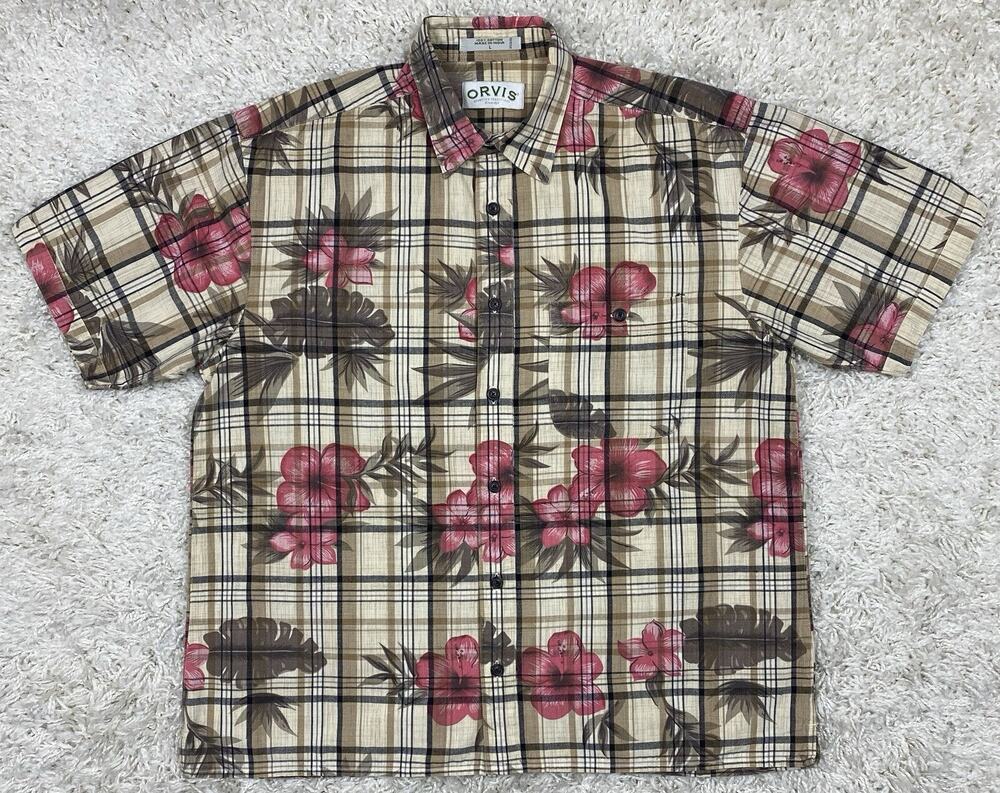 Orvis Short Sleeve Button Up Shirt Mens L Hibiscus Floral Plaid Tan Hawaiian